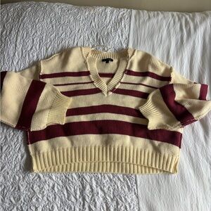 Papermoon Cream and Burgundy V-Neck Sweater